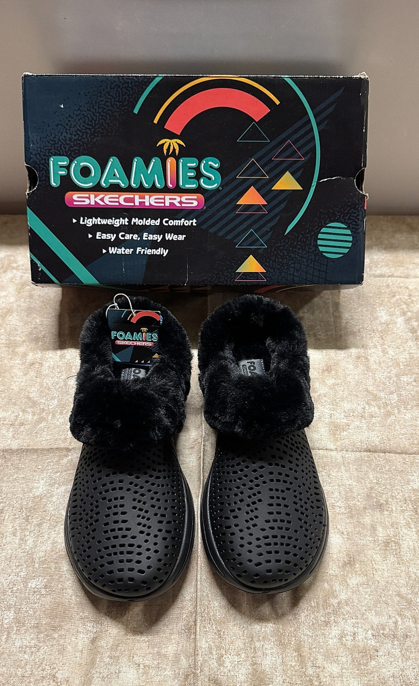 Skechers Foamies Women's 8 (GO WALK 5) Cozy Embrace Black Faux Fur 111299/BBK